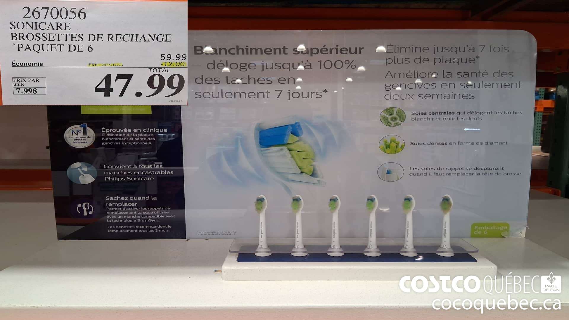 2670056 SONICARE TETES DE RECHANGE PAQUET DE 6  ($12.00 INSTANT SAVINGS EXPIRES ON 2025-11-23) $47.99