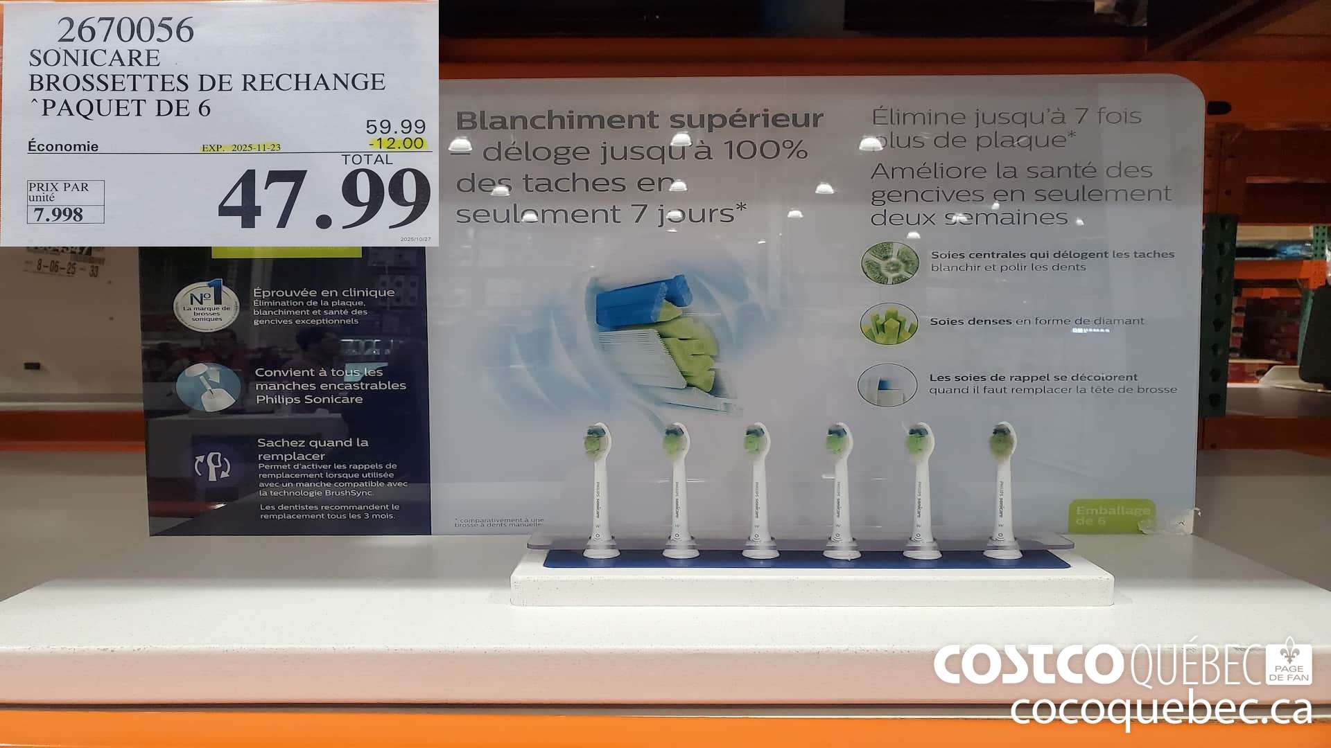 2670056 SONICARE TETES DE RECHANGE PAQUET DE 6  ($12.00 INSTANT SAVINGS EXPIRES ON 2025-11-23) $47.99