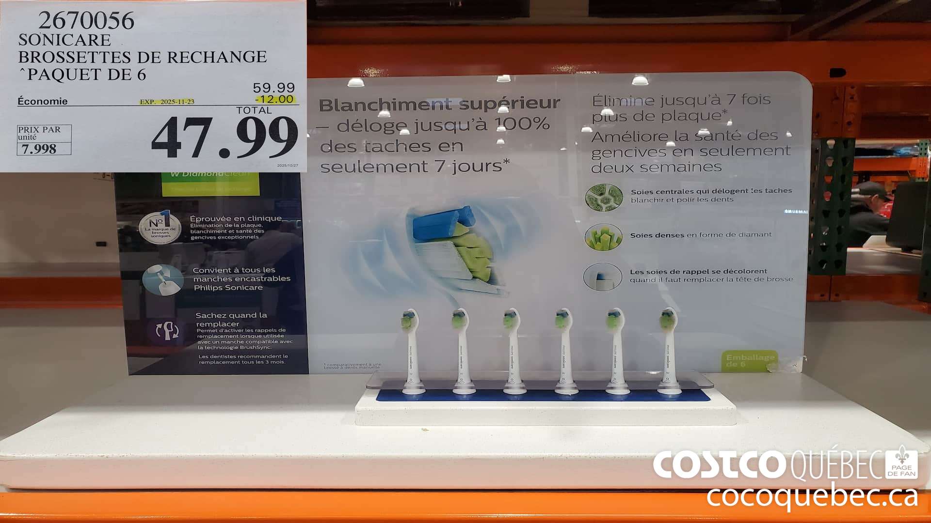 2670056 SONICARE TETES DE RECHANGE PAQUET DE 6  ($12.00 INSTANT SAVINGS EXPIRES ON 2025-11-23) $47.99