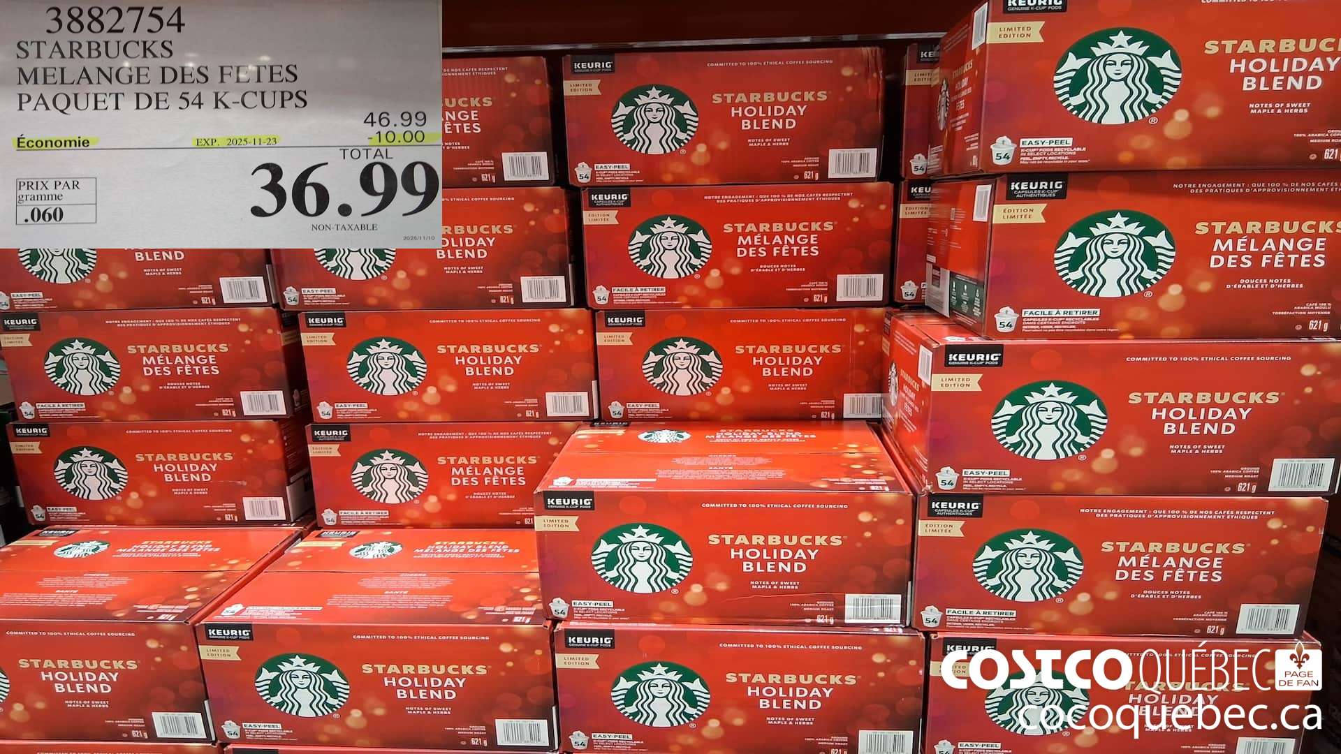 3882754 STARBUCKS MELANGE DES FETES PAQUET DE 54 K-CUPS  ($10.00 INSTANT SAVINGS EXPIRES ON 2025-11-23) $36.99