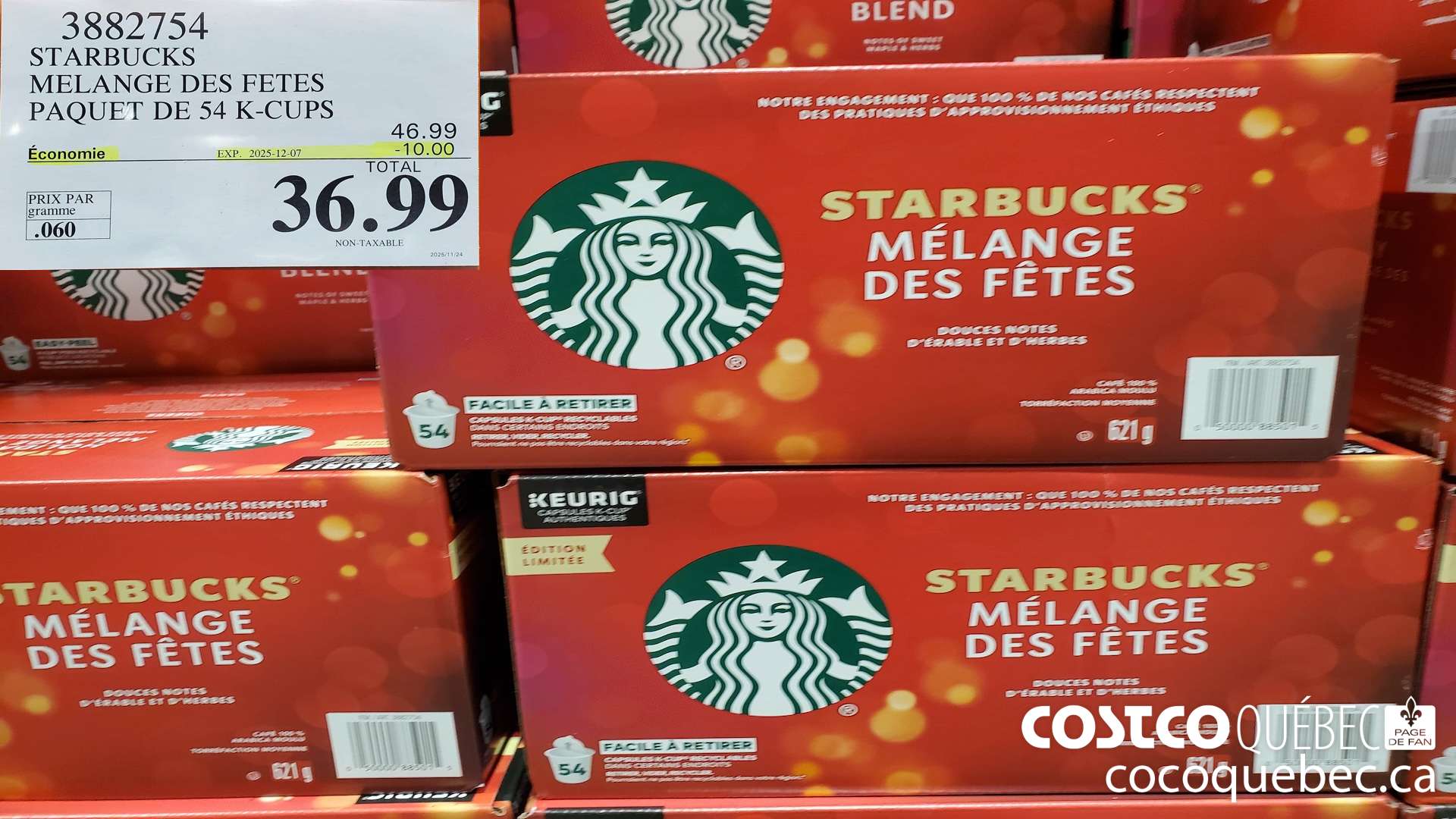 3882754 STARBUCKS MELANGE DES FETES PAQUET DE 54 K-CUPS  ($10.00 INSTANT SAVINGS EXPIRES ON 2025-12-07) $36.99