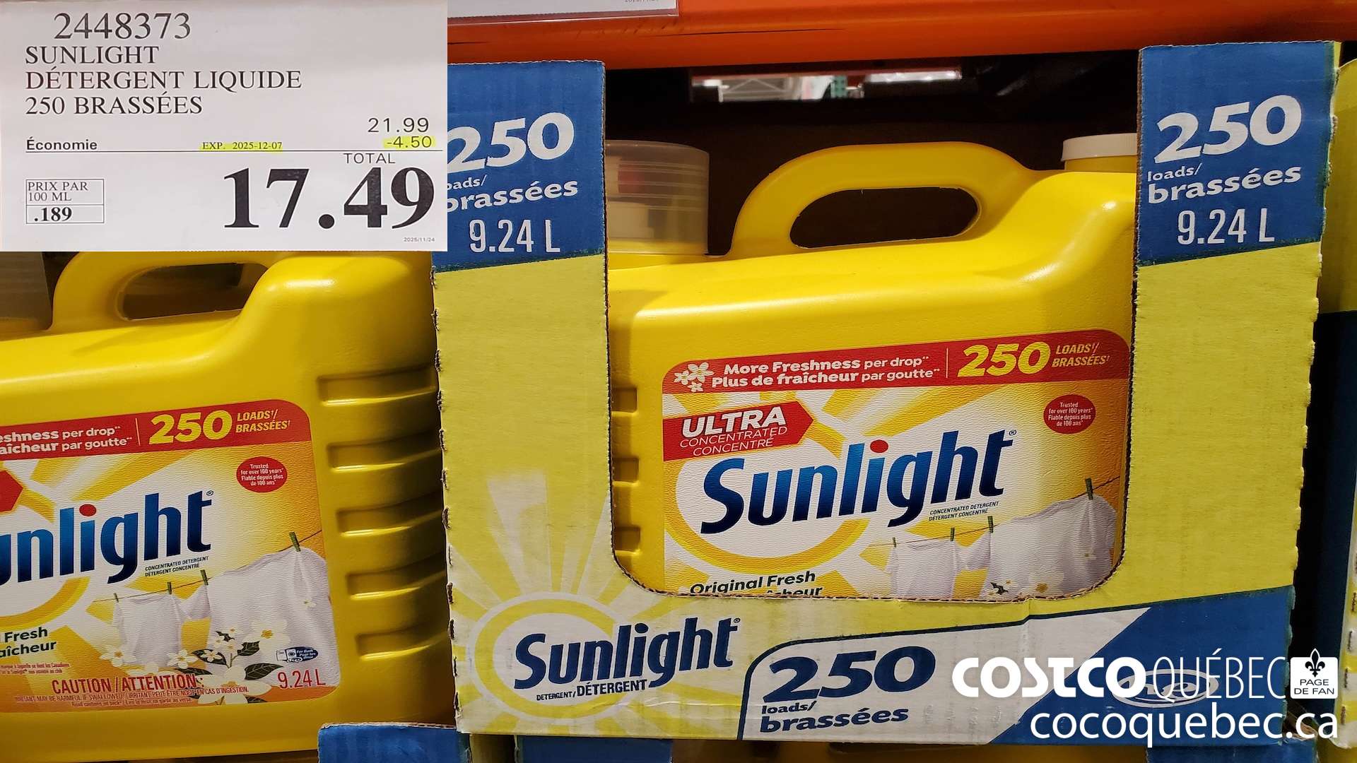 2448373 SUNLIGHT DETERGENT LIQUIDE 250 brassées  ($4.50 INSTANT SAVINGS EXPIRES ON 2025-12-07) $17.49