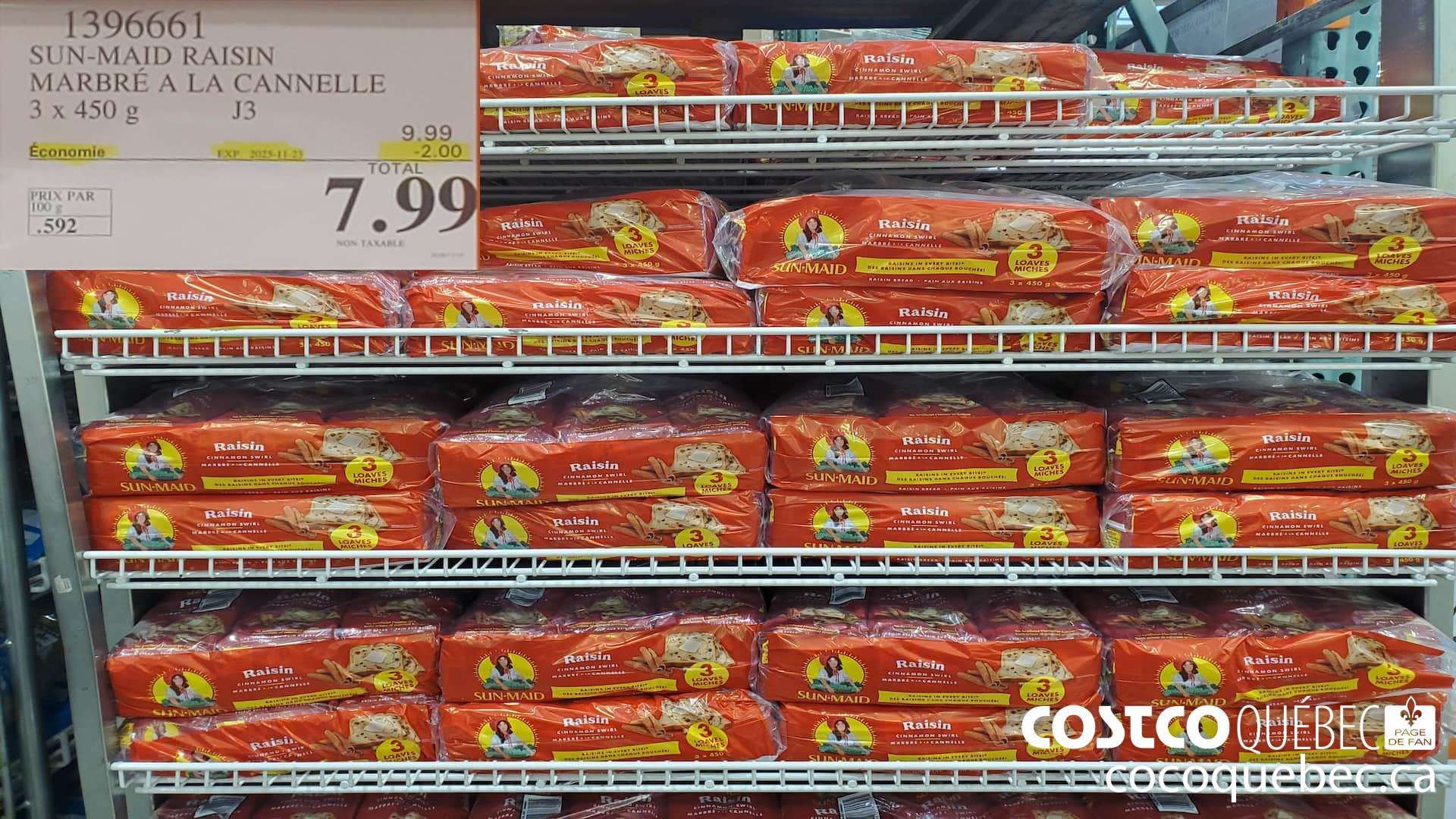 1396661 SUN-MAID RAISIN MARBRE A LA CANNELLE 3 x 450 g ($2.00 INSTANT SAVINGS EXPIRES ON 2025-11-23) $7.99