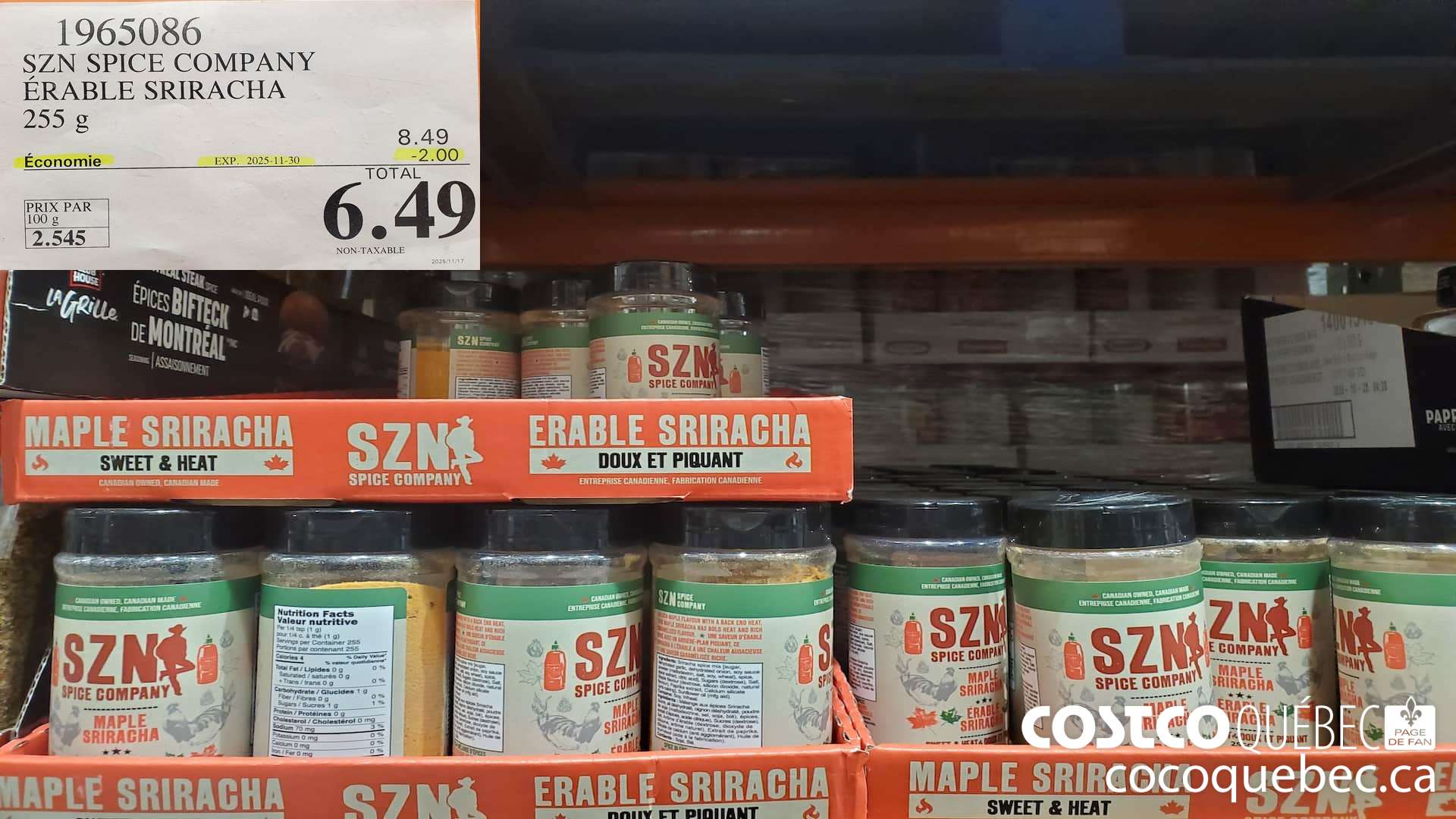 1965086 SZN SPICE COMPANY ERABLE SRIRACHA 255 g ($2.00 INSTANT SAVINGS EXPIRES ON 2025-11-30) $6.49