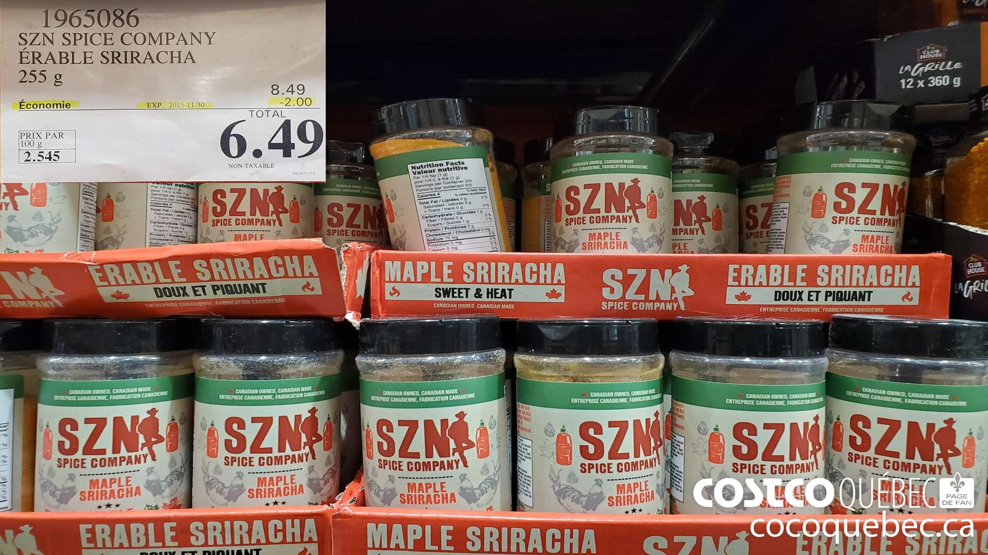 1965086 SZN SPICE COMPANY ERABLE SRIRACHA 255 g ($2.00 INSTANT SAVINGS EXPIRES ON 2025-11-30) $6.49