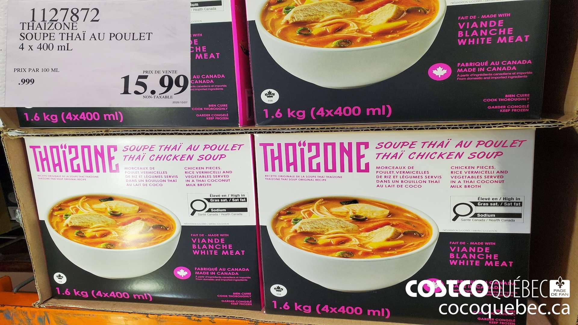 1127872 THAIZONE SOUPE THAI AU POULET 4 x 400 ml $15.99