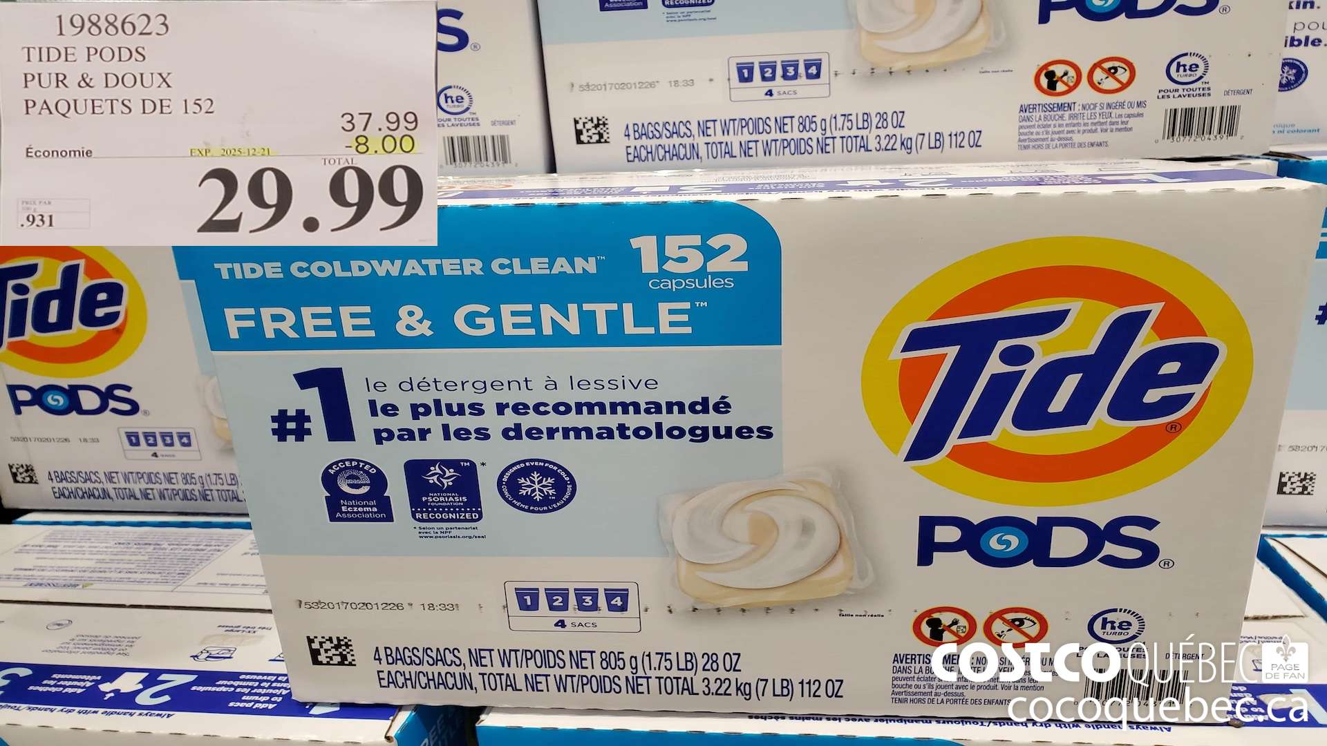 1988623 TIDE PODS PUR & DOUX PAQUETS DE 152 ($8.00 INSTANT SAVINGS EXPIRES ON 2025-12-21) $29.99