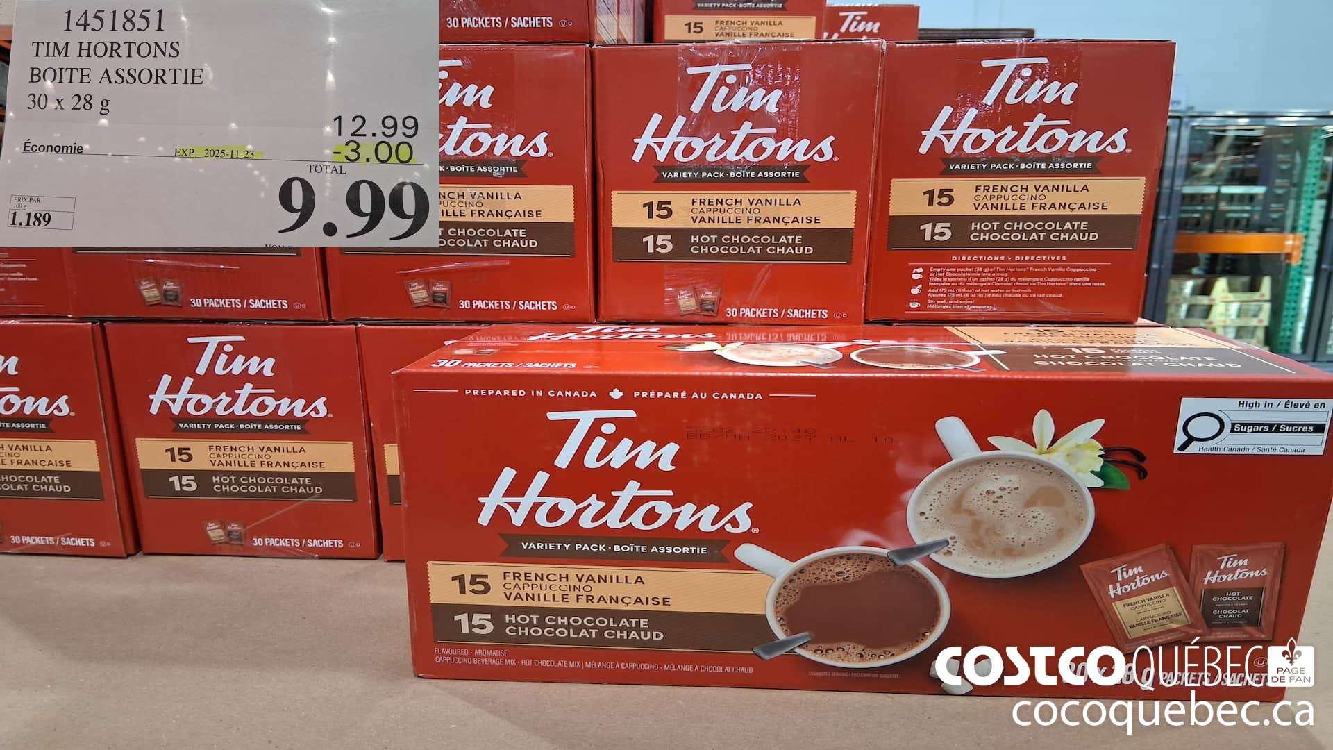 1451851 TIM HORTONS BOITE ASSORTIE 30 x 28g  ($3.00 INSTANT SAVINGS EXPIRES ON 2025-11-23) $9.99