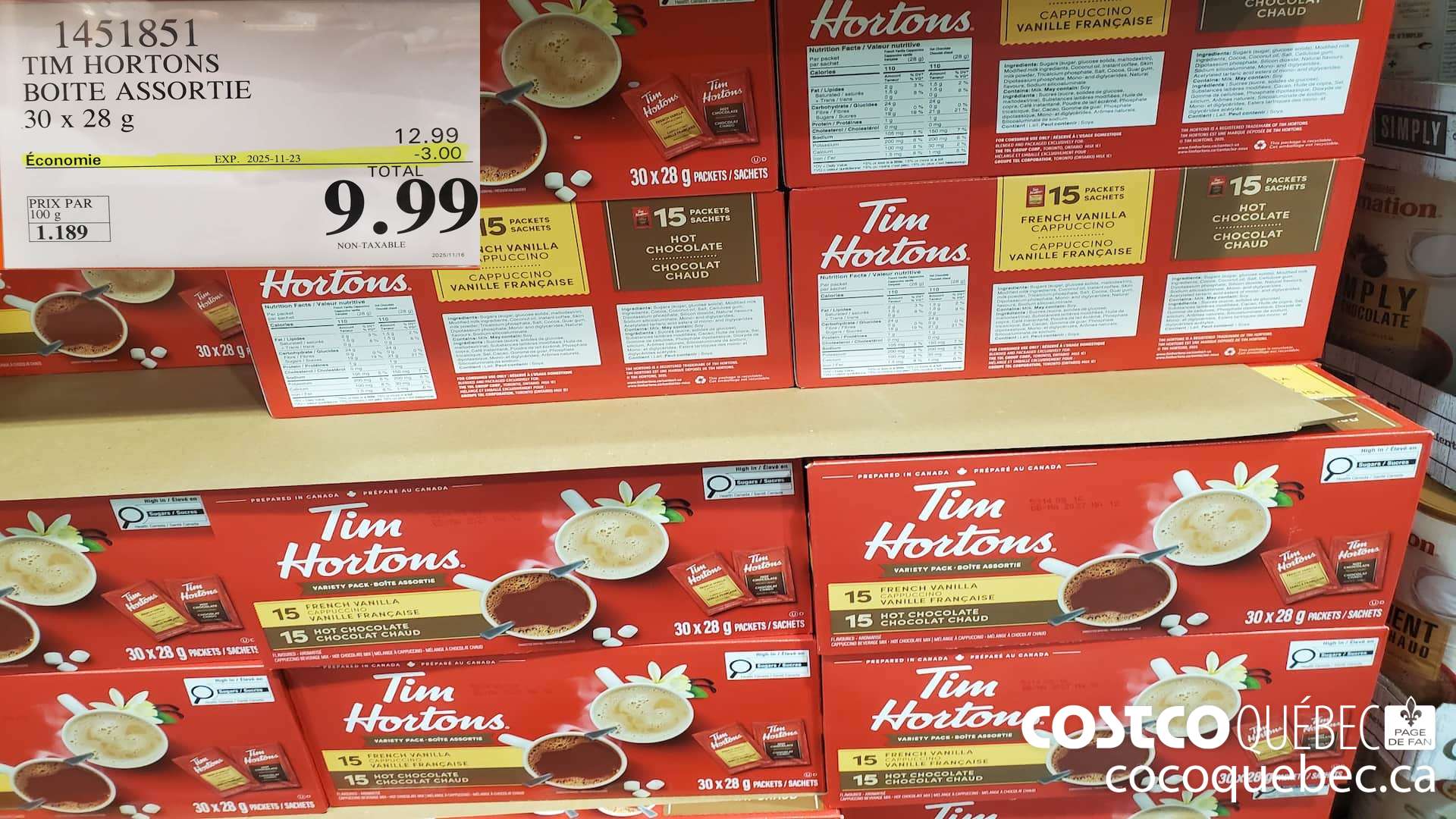 1451851 TIM HORTONS BOITE ASSORTIE 30 x 28g  ($3.00 INSTANT SAVINGS EXPIRES ON 2025-11-23) $9.99