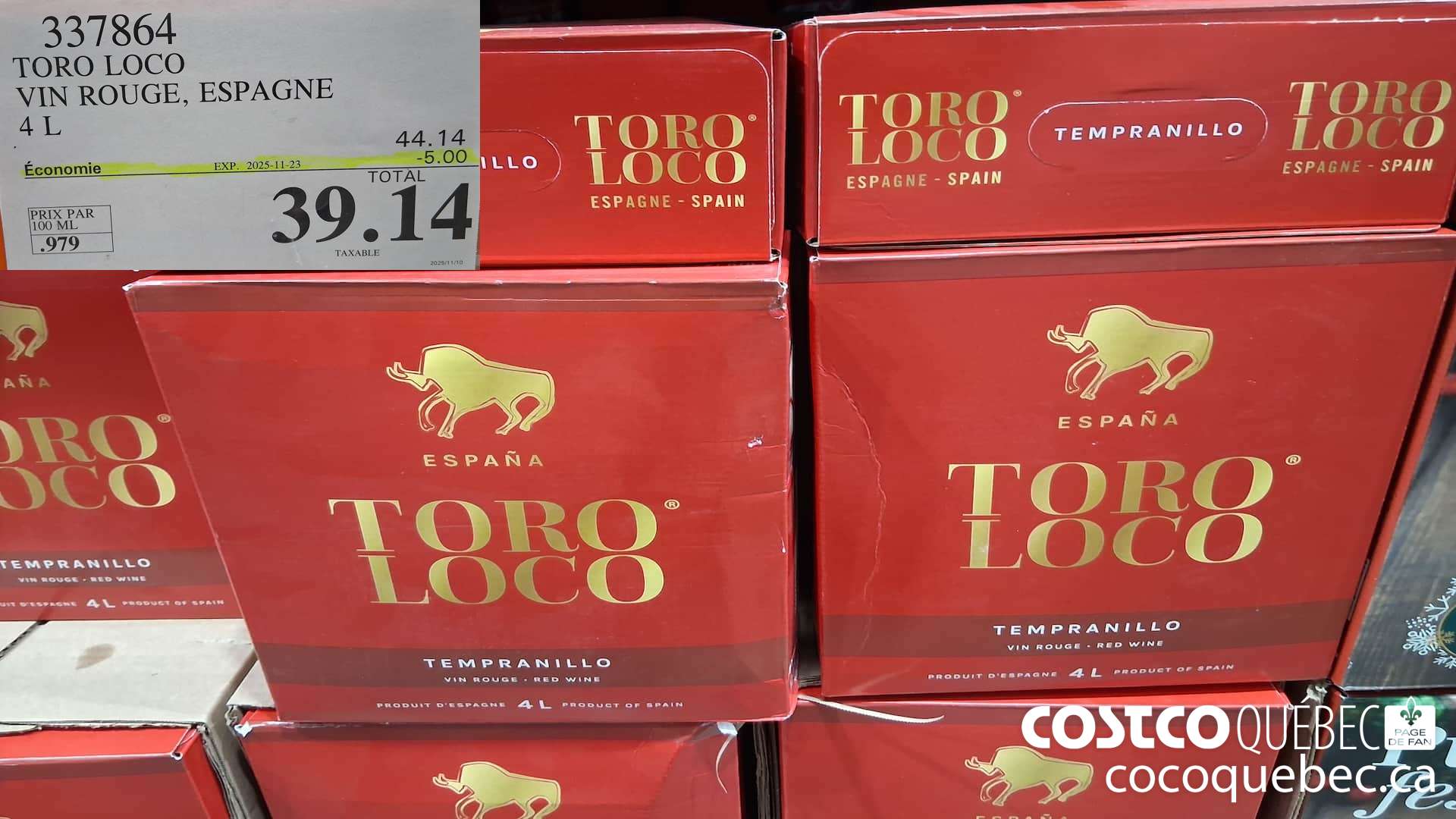 337864 TORO LOCO VIN ROUGE, ESPAGNE 4L ($5.00 INSTANT SAVINGS EXPIRES ON 2025-11-23) $39.14