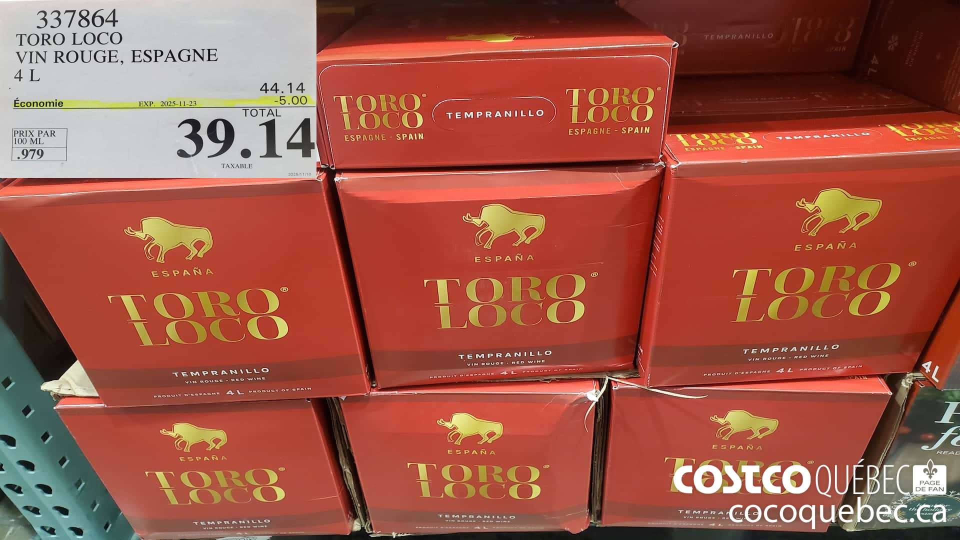 337864 TORO LOCO VIN ROUGE, ESPAGNE 4L ($5.00 INSTANT SAVINGS EXPIRES ON 2025-11-23) $39.14