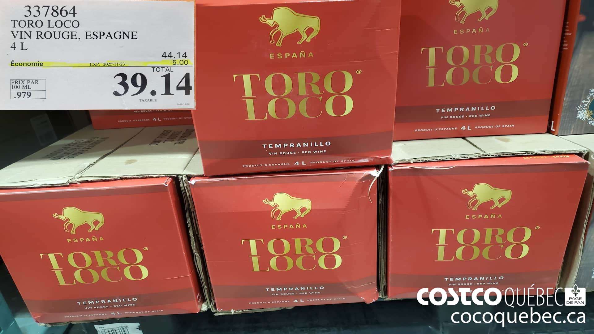 337864 TORO LOCO VIN ROUGE, ESPAGNE 4L ($5.00 INSTANT SAVINGS EXPIRES ON 2025-11-23) $39.14