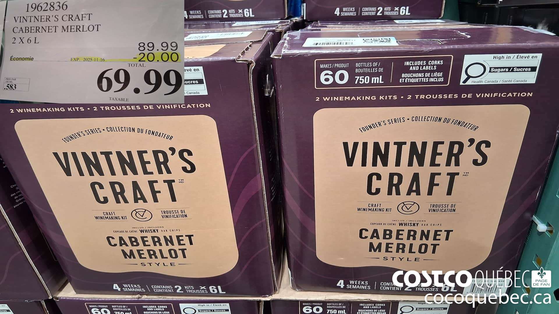 1962836 VINTNER'S CRAFT CABERNET MERLOT 2 X 6L ($20.00 INSTANT SAVINGS EXPIRES ON 2025-11-16) $69.99