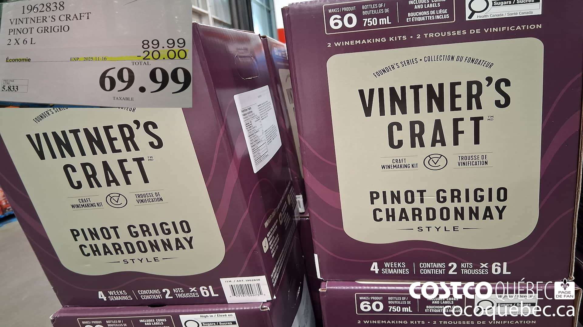 1962838 VINTNER'S CRAFT PINOT GRIGIO 2 X 6L ($20.00 INSTANT SAVINGS EXPIRES ON 2025-11-16) $69.99