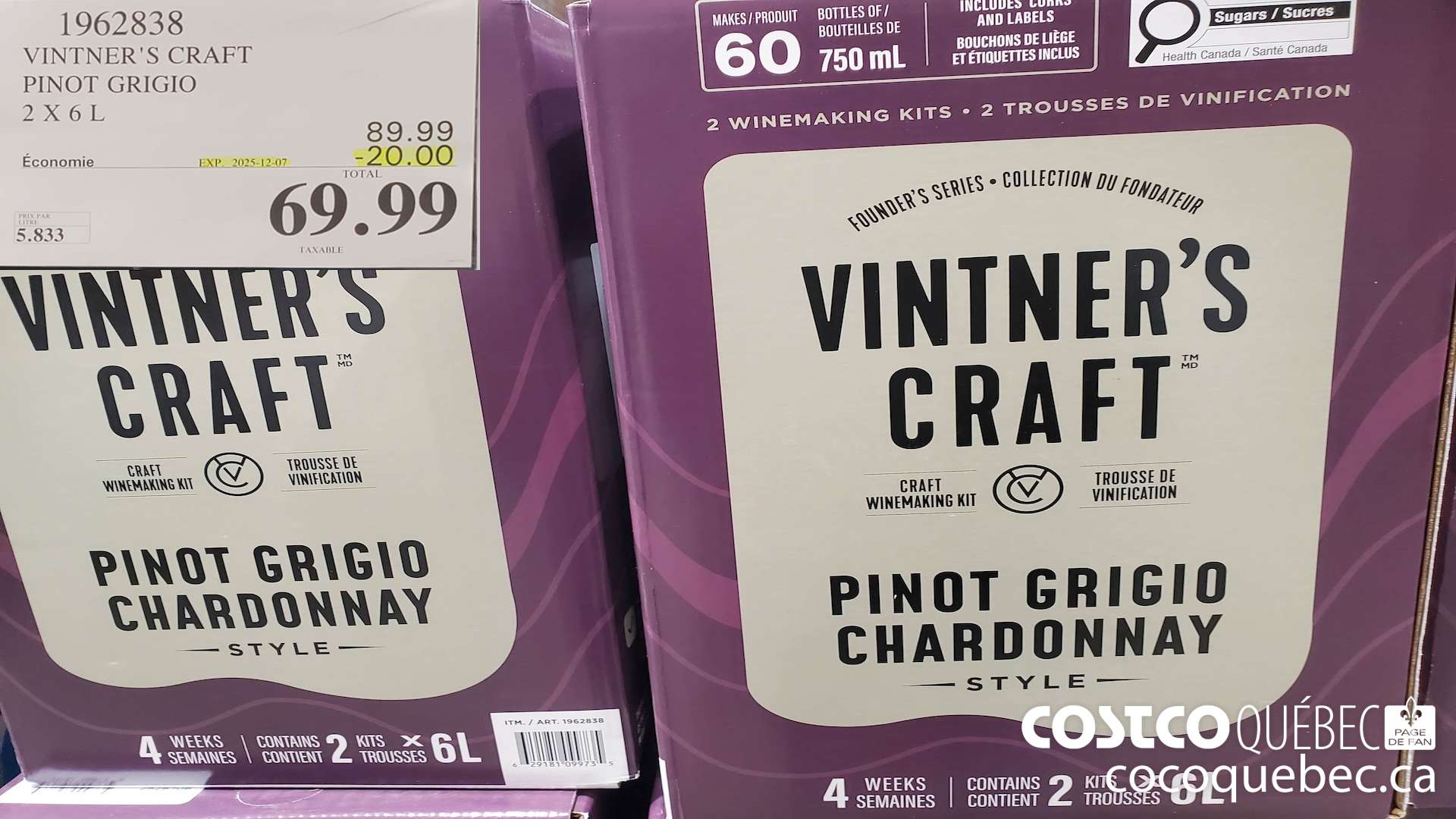 1962838 VINTNER'S CRAFT PINOT GRIGIO 2 X 6L ($20.00 INSTANT SAVINGS EXPIRES ON 2025-12-07) $69.99