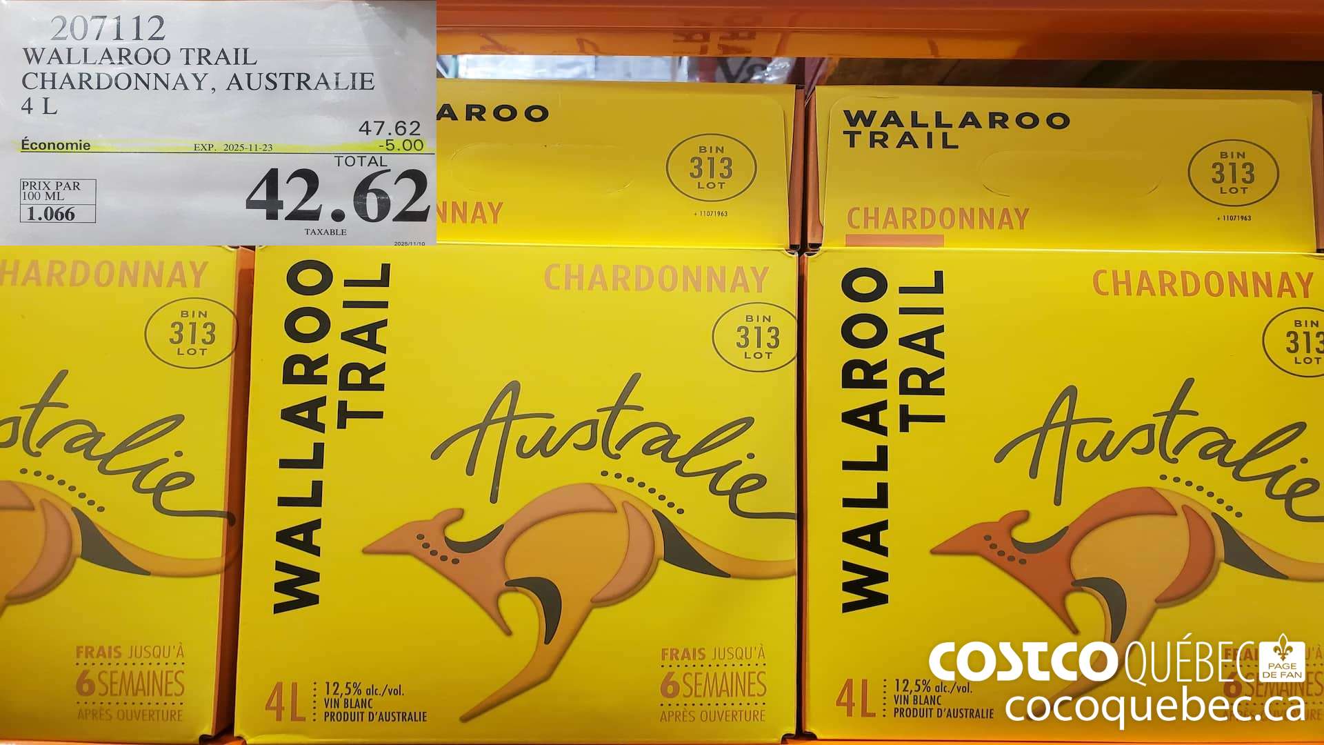 207112 WALLAROO TRAIIL CHARDONNAY, AUSTRALIE 4L ($5.00 INSTANT SAVINGS EXPIRES ON 2025-11-23) $42.62