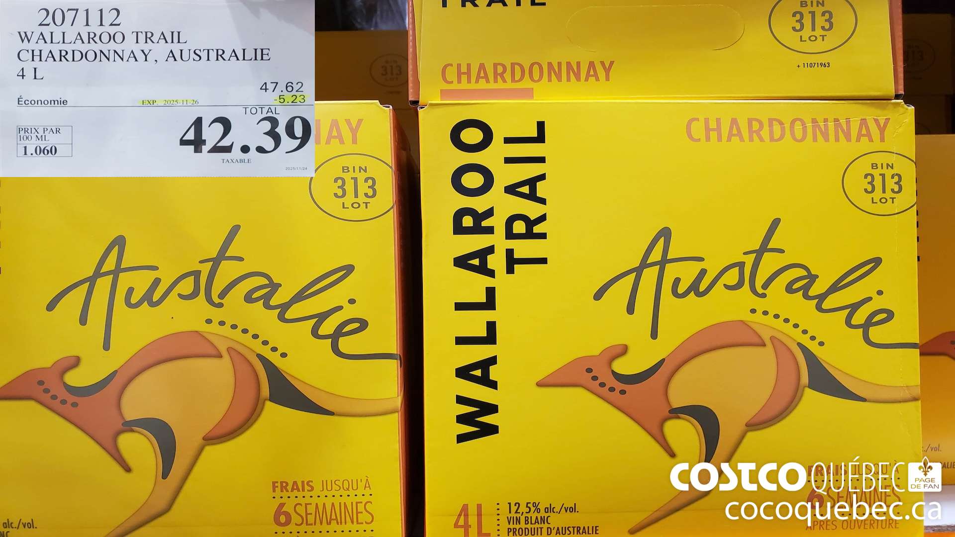 207112 WALLAROO TRAIIL CHARDONNAY, AUSTRALIE 4L ($5.23 INSTANT SAVINGS EXPIRES ON 2025-11-26) $42.39