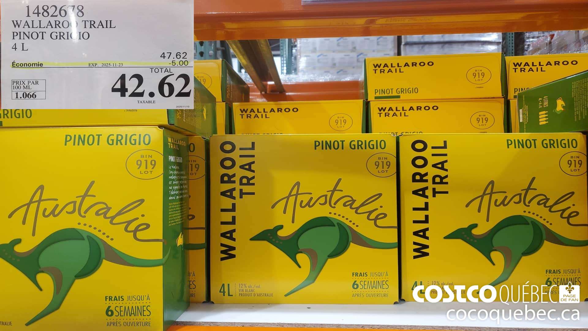 1482678 WALLAROO TRAIL PINOT GRIGIO 4L ($5.00 INSTANT SAVINGS EXPIRES ON 2025-11-23) $42.62