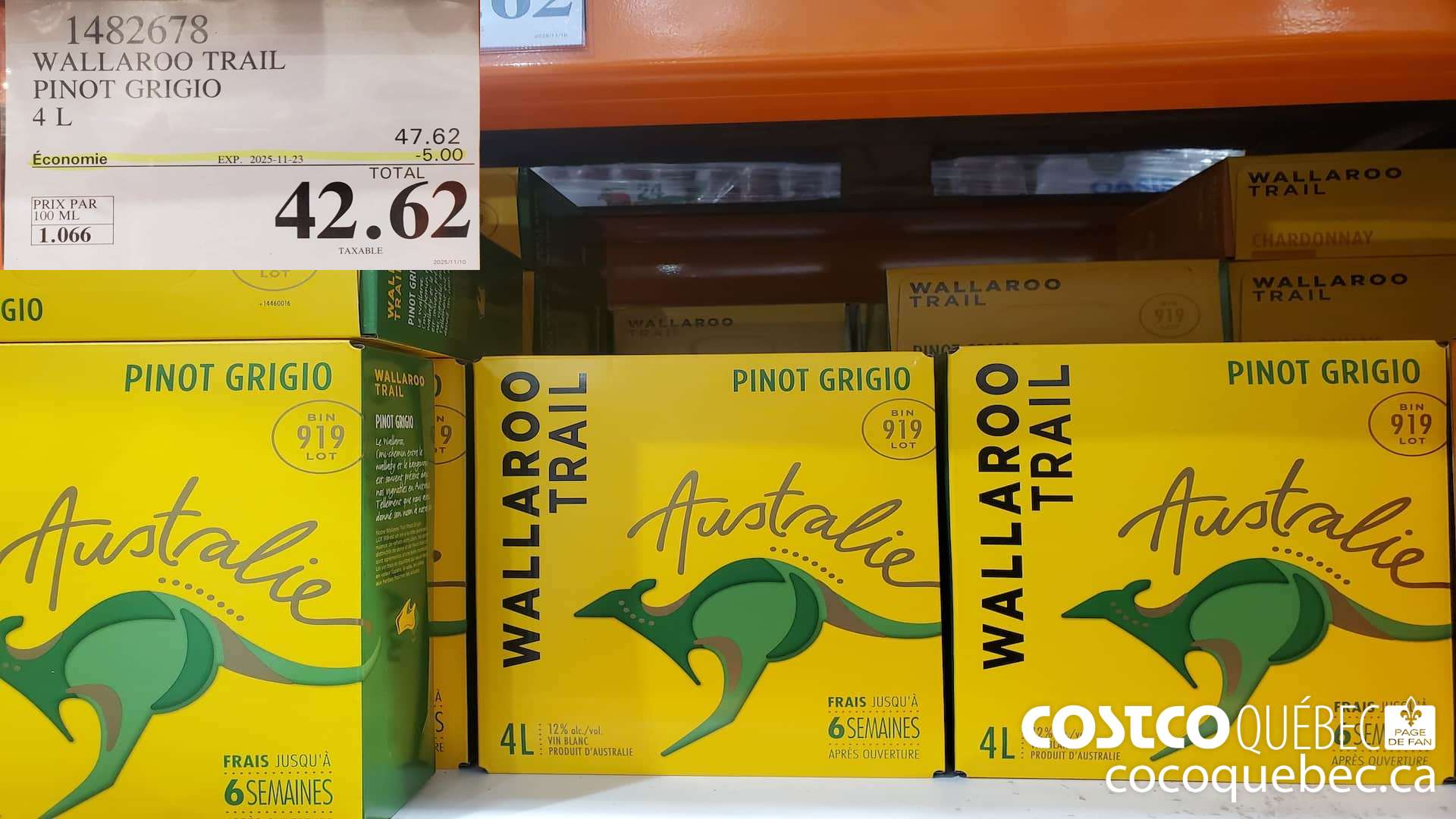 1482678 WALLAROO TRAIL PINOT GRIGIO 4L ($5.00 INSTANT SAVINGS EXPIRES ON 2025-11-23) $42.62