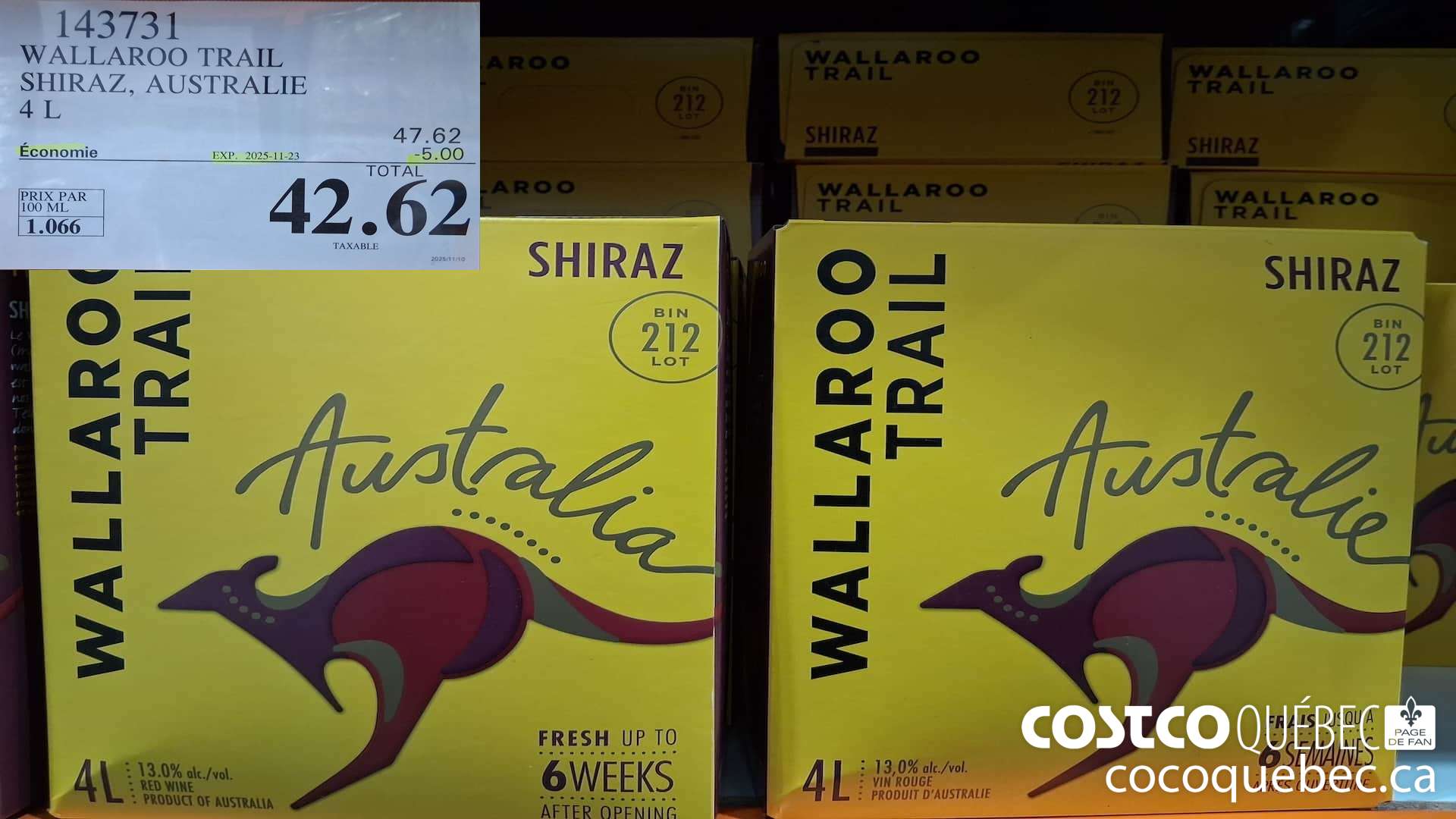 143731 WALLAROO TRAIL SHIRAZ, AUSTRALIE 4L ($5.00 INSTANT SAVINGS EXPIRES ON 2025-11-23) $42.62