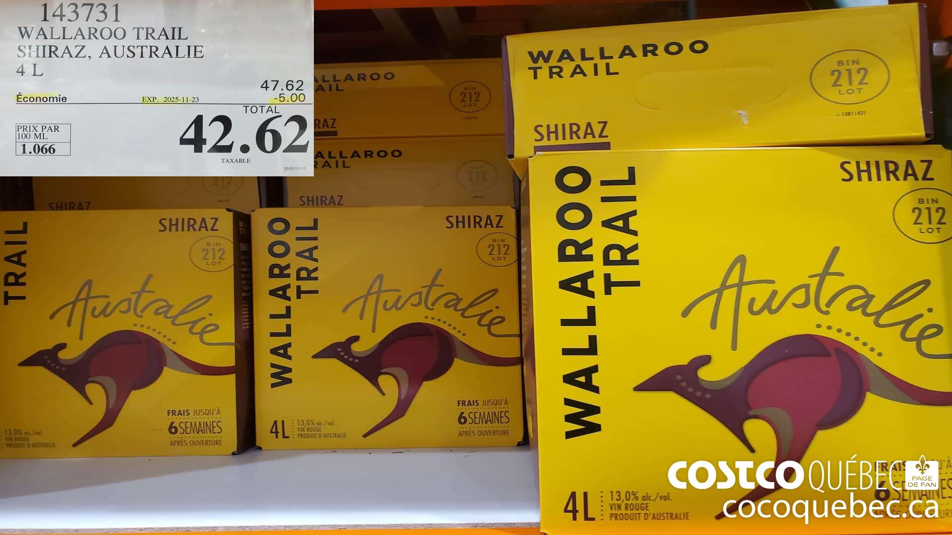 143731 WALLAROO TRAIL SHIRAZ, AUSTRALIE 4L ($5.00 INSTANT SAVINGS EXPIRES ON 2025-11-23) $42.62