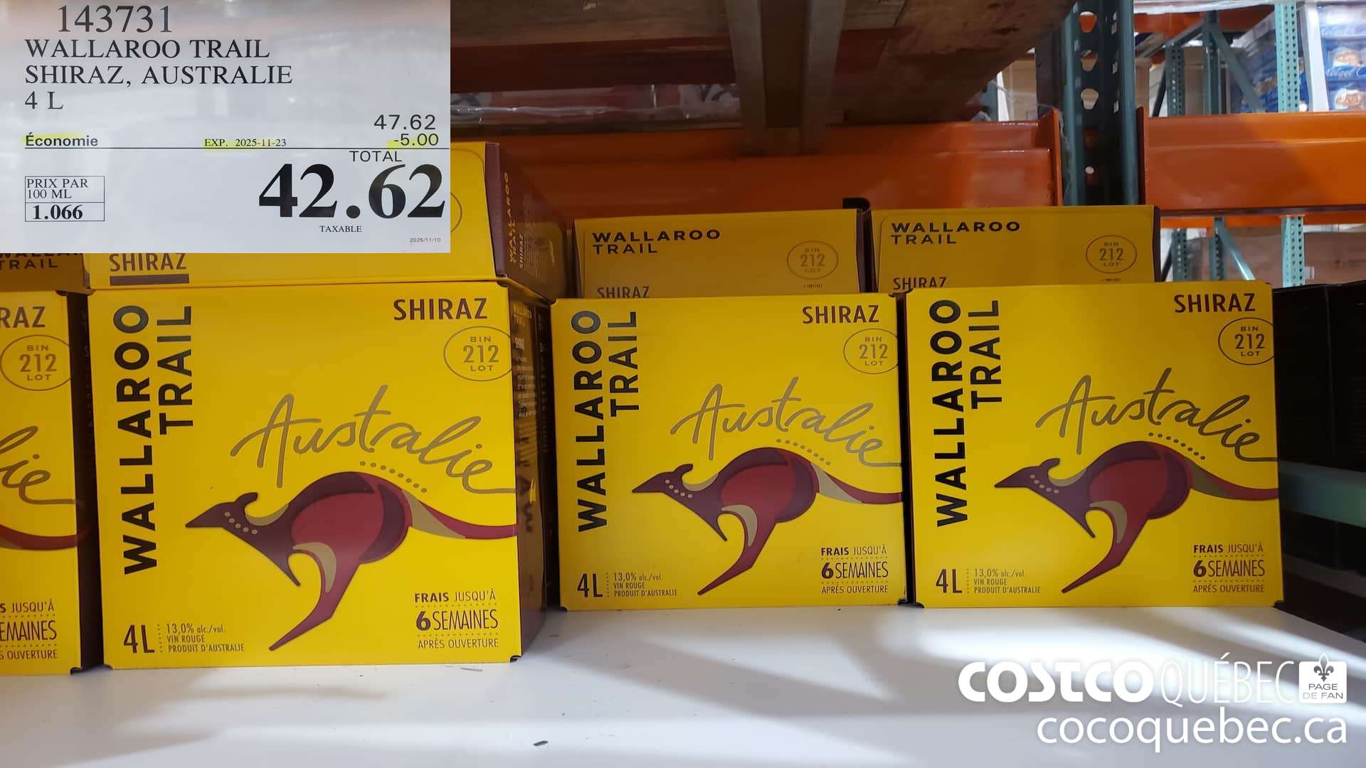 143731 WALLAROO TRAIL SHIRAZ, AUSTRALIE 4L ($5.00 INSTANT SAVINGS EXPIRES ON 2025-11-23) $42.62