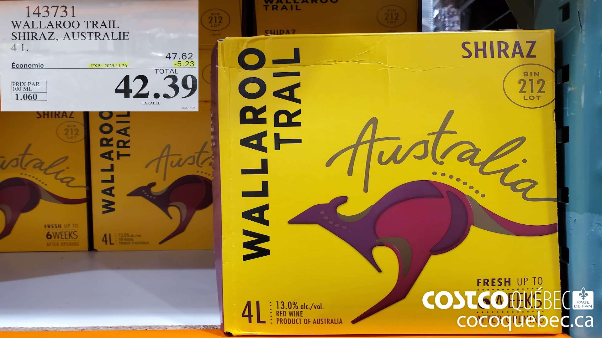 143731 WALLAROO TRAIL SHIRAZ, AUSTRALIE 4L ($5.23 INSTANT SAVINGS EXPIRES ON 2025-11-26) $42.39