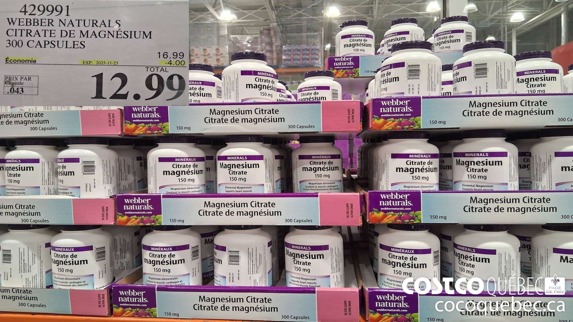 429991 WEBBER NATURALS CITRATE DE MAGNESIUM 300 CAPSULES ($4.00 INSTANT SAVINGS EXPIRES ON 2025-11-23) $12.99