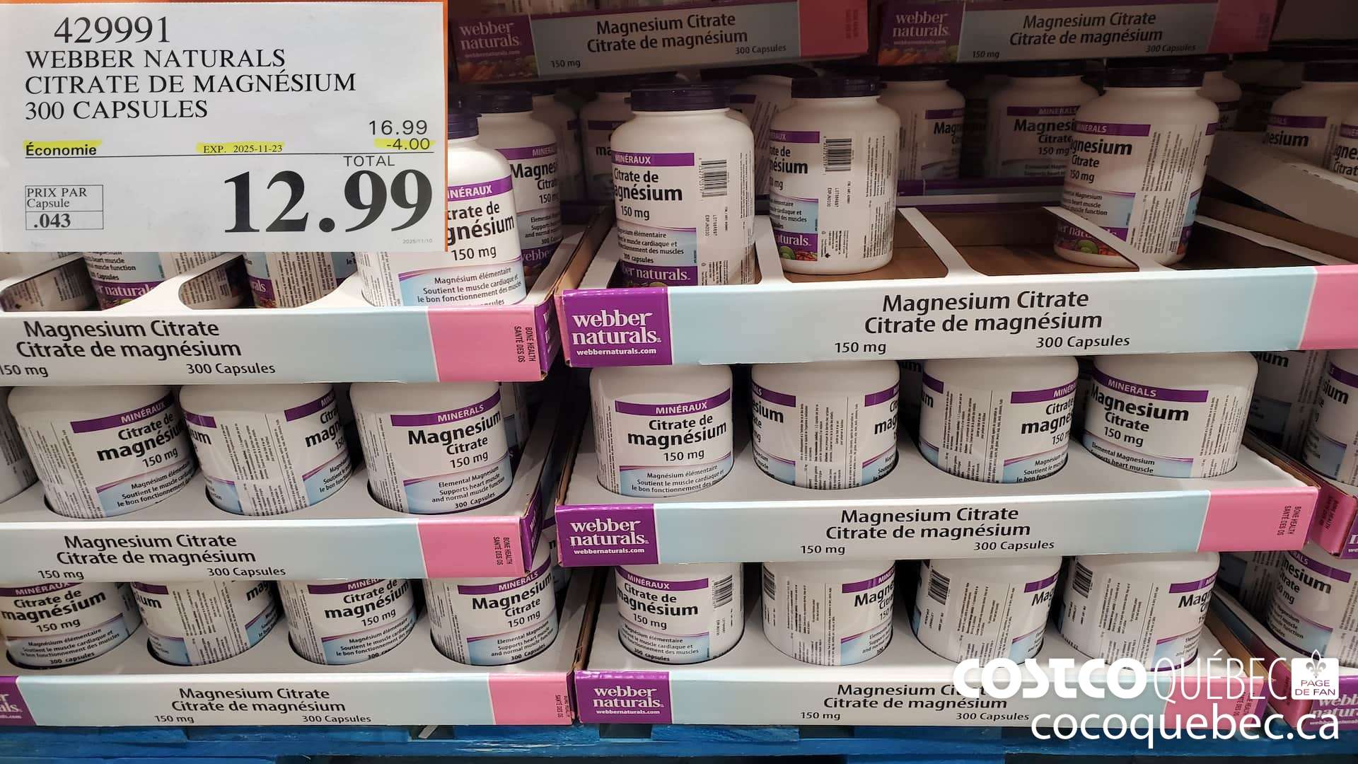 429991 WEBBER NATURALS CITRATE DE MAGNESIUM 300 CAPSULES ($4.00 INSTANT SAVINGS EXPIRES ON 2025-11-23) $12.99