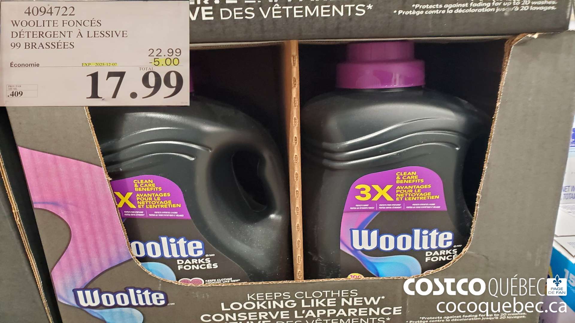 4094722 WOOLITE FONCES DETERGENT A LESSIVE 99 brassées  ($5.00 INSTANT SAVINGS EXPIRES ON 2025-12-07) $17.99