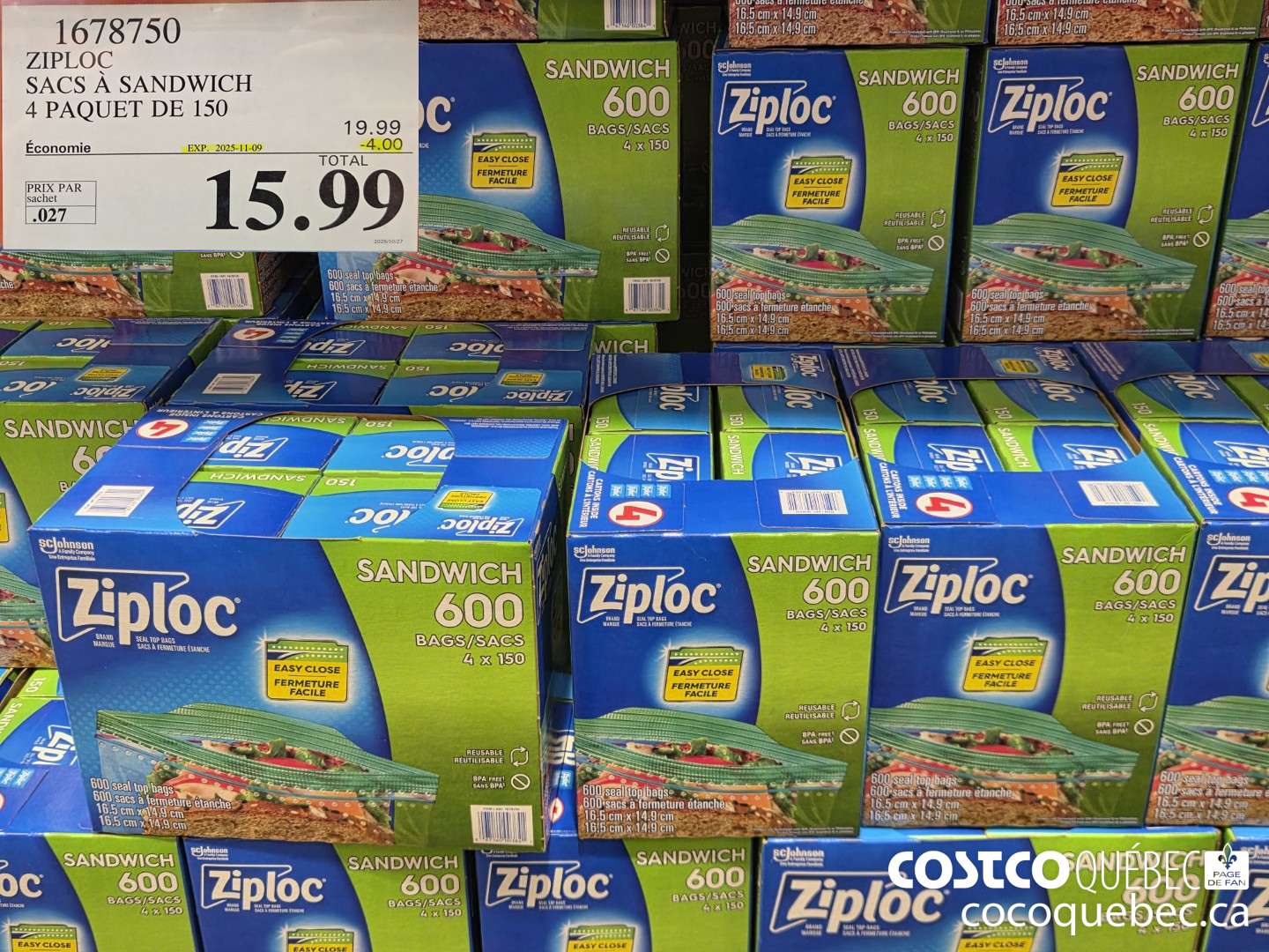 1678750 ZIPLOC SACS A SANDWICH 4 PAQUET DE 150  ($4.00 INSTANT SAVINGS EXPIRES ON 2025-11-09) $15.99