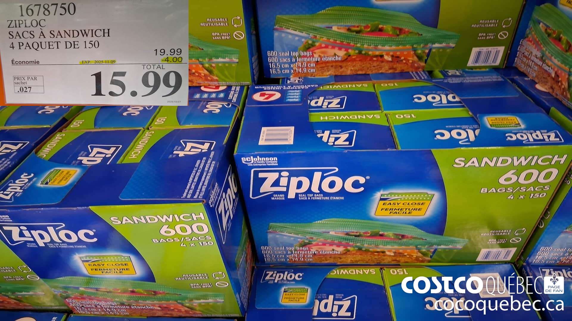 1678750 ZIPLOC SACS A SANDWICH 4 PAQUET DE 150  ($4.00 INSTANT SAVINGS EXPIRES ON 2025-11-09) $15.99