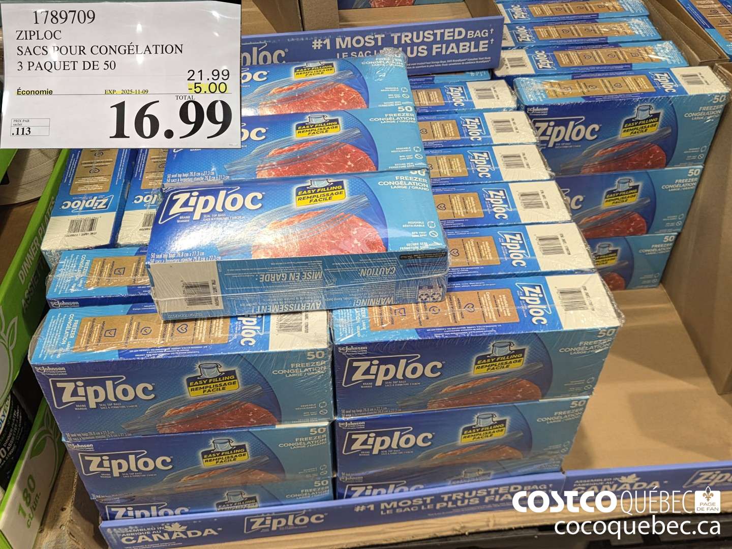 1789709 ZIPLOC SACS POUR CONGELATION 3 PAQUET DE 50 ($5.00 INSTANT SAVINGS EXPIRES ON 2025-11-09) $16.99