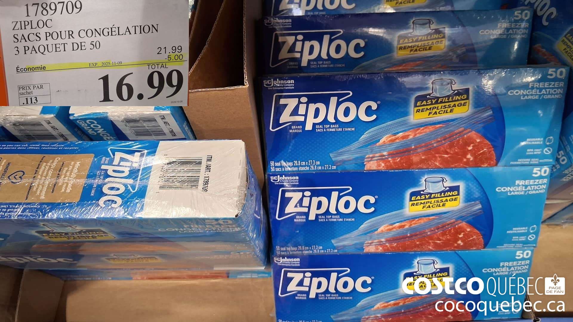 1789709 ZIPLOC SACS POUR CONGELATION 3 PAQUET DE 50 ($5.00 INSTANT SAVINGS EXPIRES ON 2025-11-09) $16.99