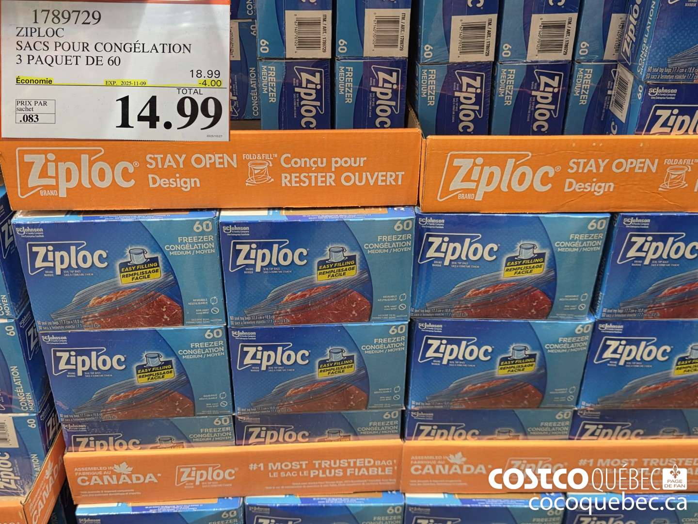 1789729 ZIPLOC SACS POUR CONGELATION 3 PAQUET DE 60 ($4.00 INSTANT SAVINGS EXPIRES ON 2025-11-09) $14.99
