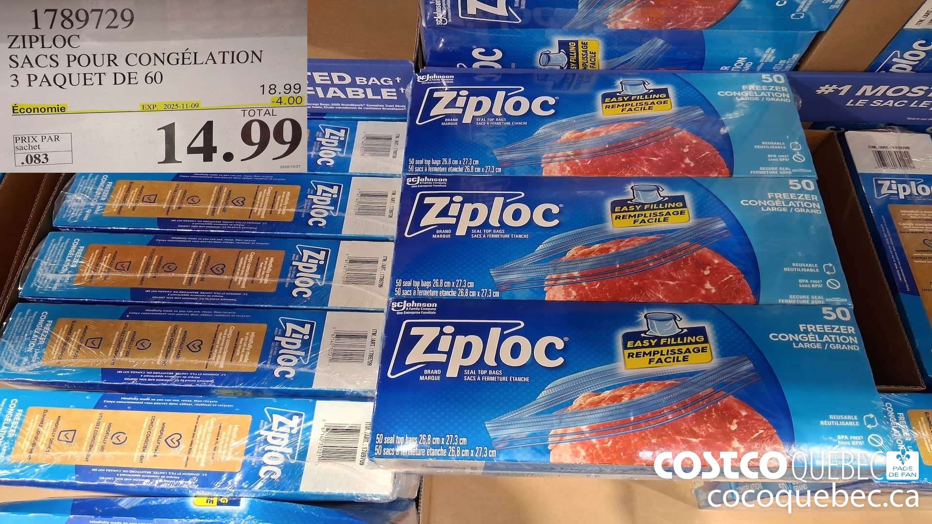 1789729 ZIPLOC SACS POUR CONGELATION 3 PAQUET DE 60 ($4.00 INSTANT SAVINGS EXPIRES ON 2025-11-09) $14.99