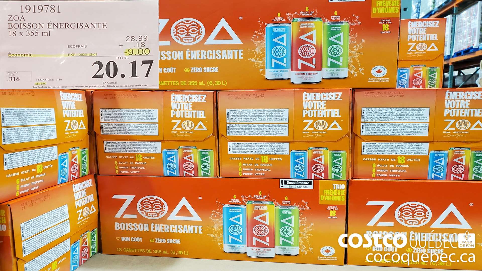 1919781 ZOA : BOISSON ENERGISANTE 18X355  ($9.00 INSTANT SAVINGS EXPIRES ON 2025-12-07) $20.17