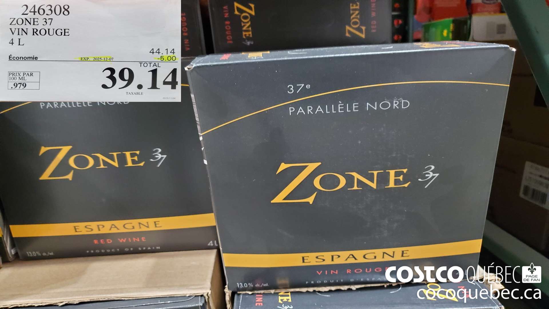246308 ZONE 37 VIN ROUGE 4L  ($5.00 INSTANT SAVINGS EXPIRES ON 2025-12-07) $39.14