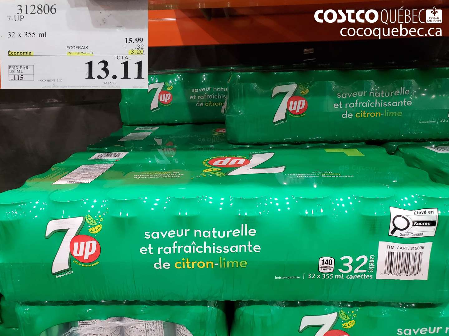 312806 7-UP, 32 x 355 ml ($3.20 INSTANT SAVINGS EXPIRES ON 2025-12-31) $13.11