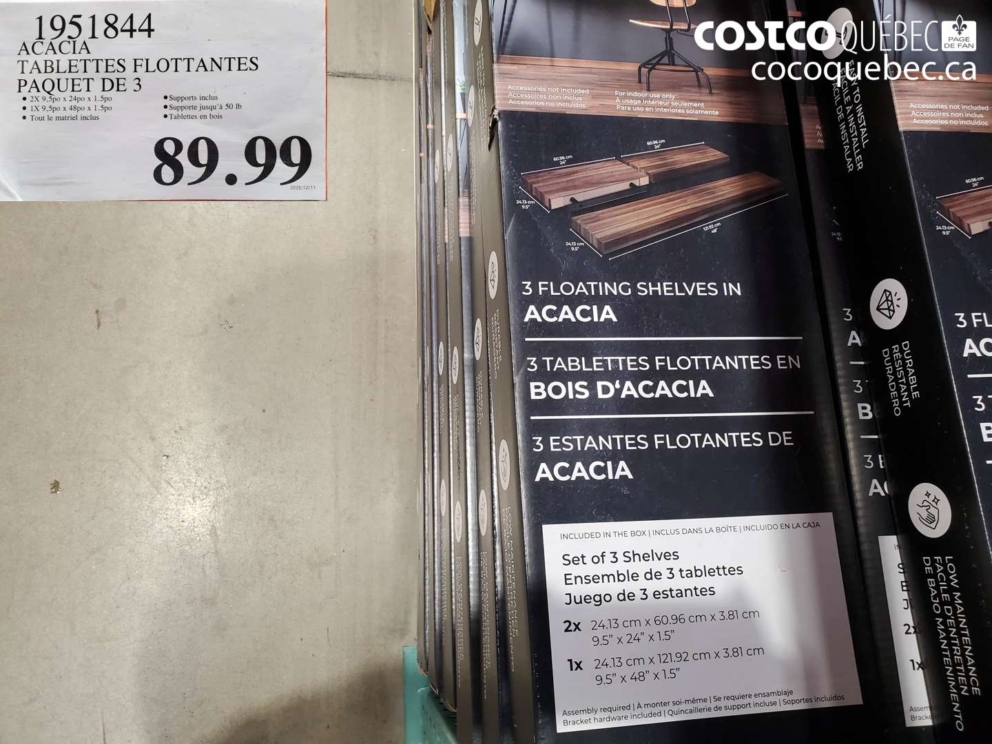 1951844 ACACIA TABLETTES FLOTTANTES PAQUET DE 3 $89.99