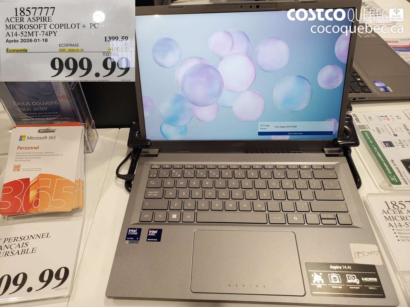 1857777 ACER ASPIRE MICROSOFT COPILOT + PC A14-52MT-74PY ($400.00 INSTANT SAVINGS EXPIRES ON 2026-01-18) $999.99