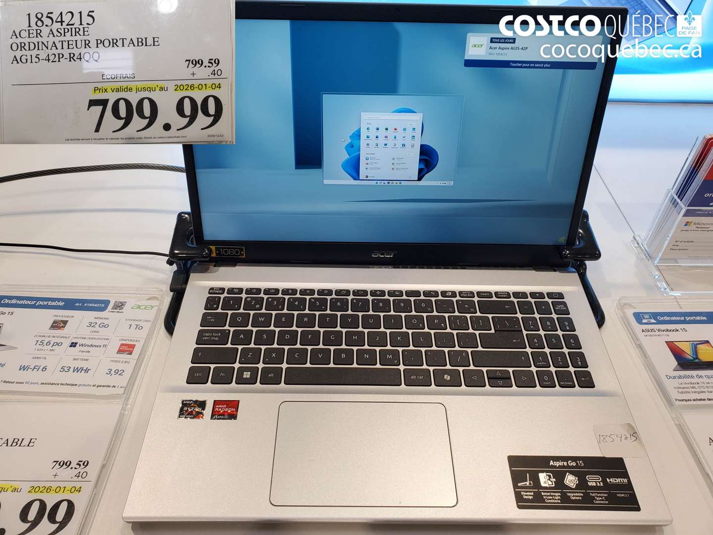 1854215 ACER ASPIRE ORDINATEUR PORTABLE AG15-42P-R4QQ (EXPIRES ON 2026-01-04) $799.99