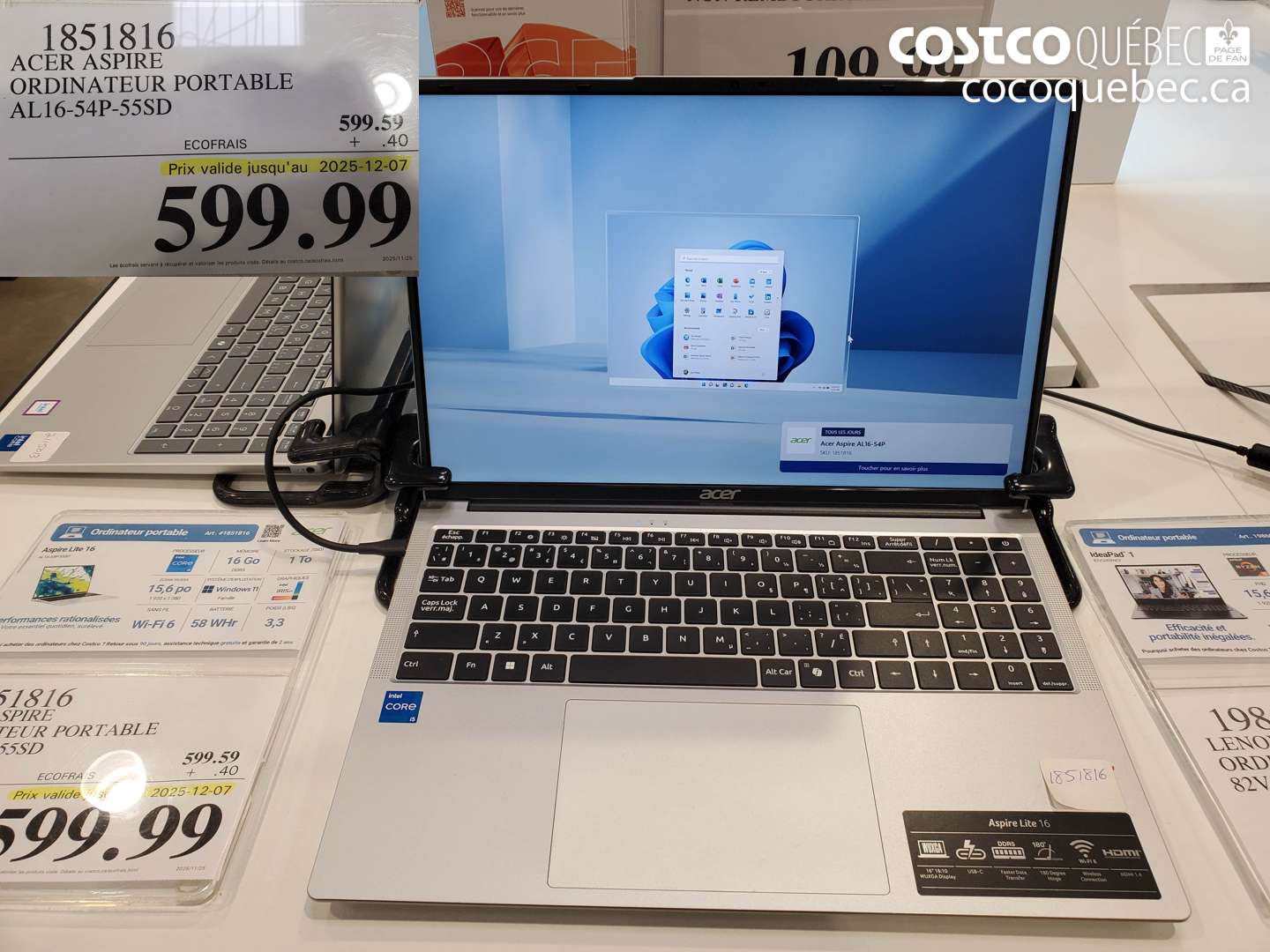 1851816 ACER ASPIRE ORDINATEUR PORTABLE AL16-54P-55SD (EXPIRES ON 2025-12-07) $599.99