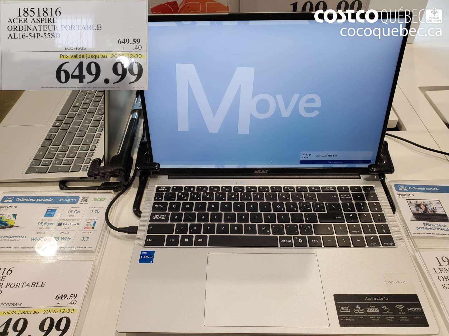 1851816 ACER ASPIRE ORDINATEUR PORTABLE AL16-54P-55SD (EXPIRES ON 2025-12-30) $649.99