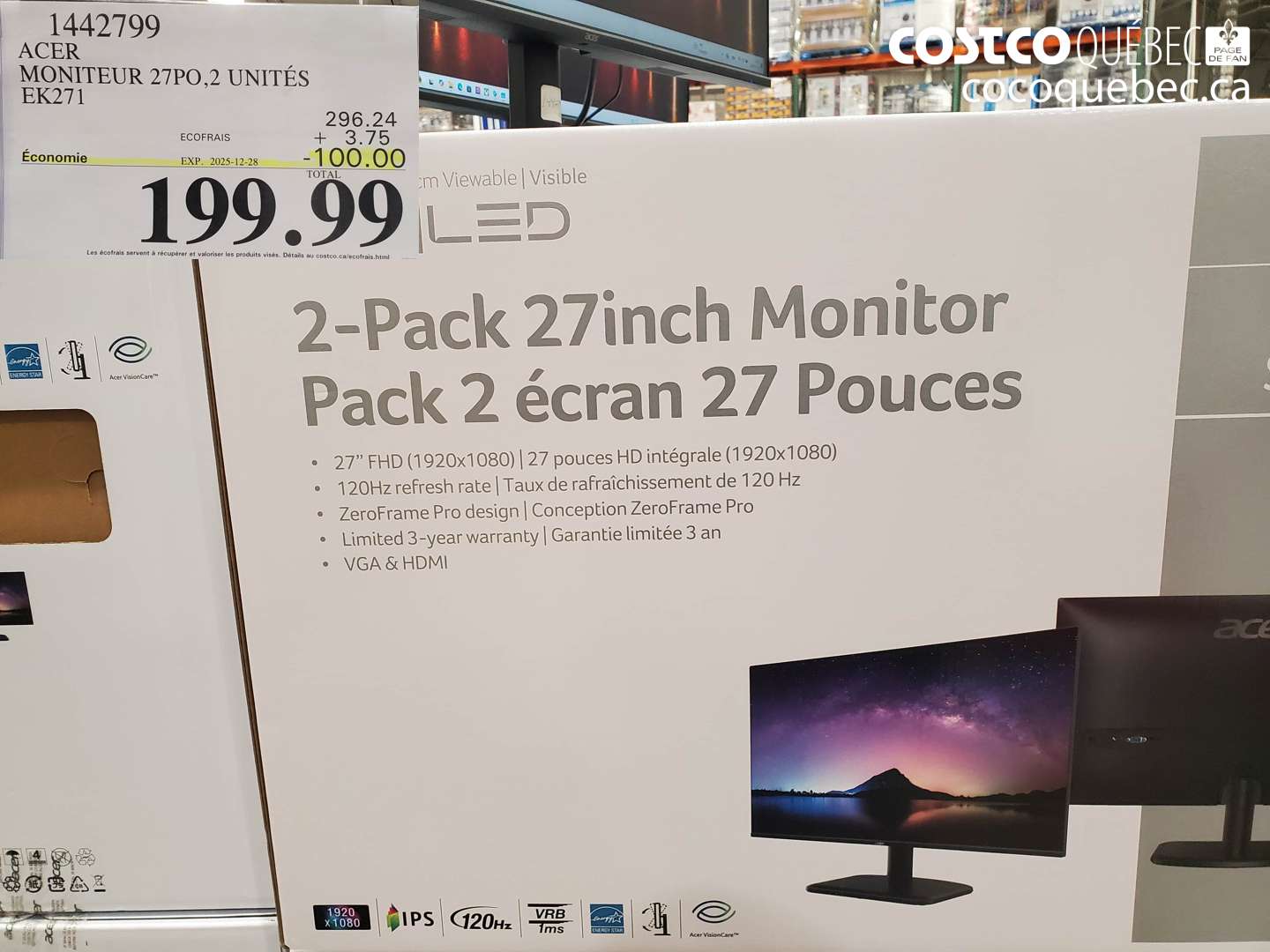 1442799 ACER MONITEUR 27PO,2 UNITÉS EK271 ($100.00 INSTANT SAVINGS EXPIRES ON 2025-12-28) $199.99