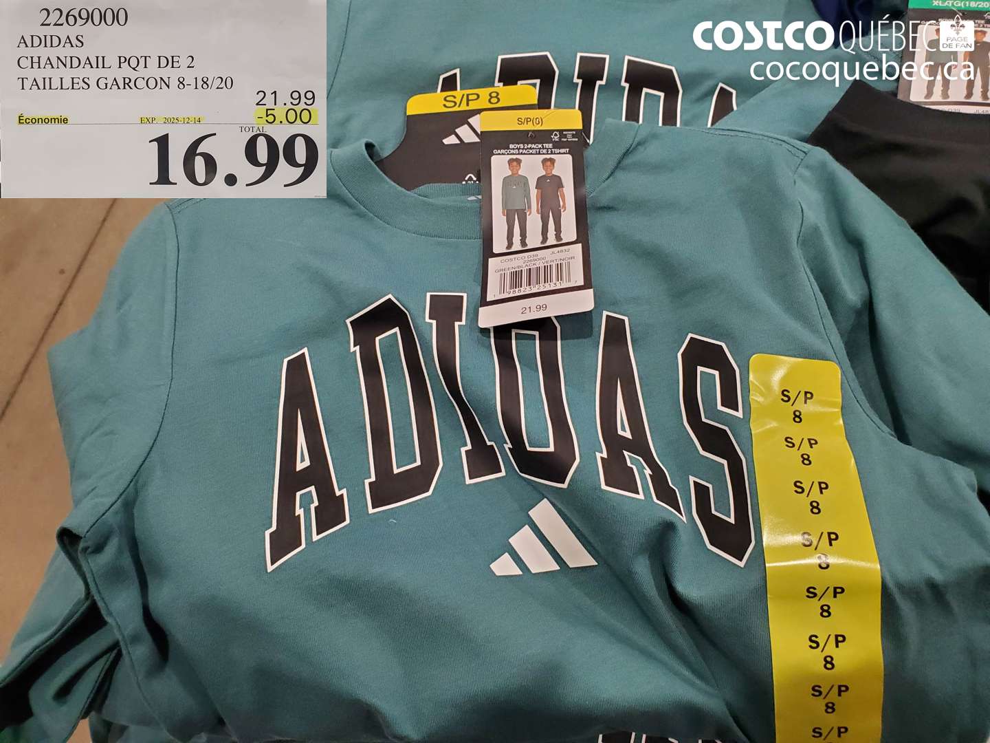 2269000 ADIDAS CHANDAIL PQT DE 2 TAILLES GARCON 8-18/20 (EXPIRES ON 2025-12-14) $16.99