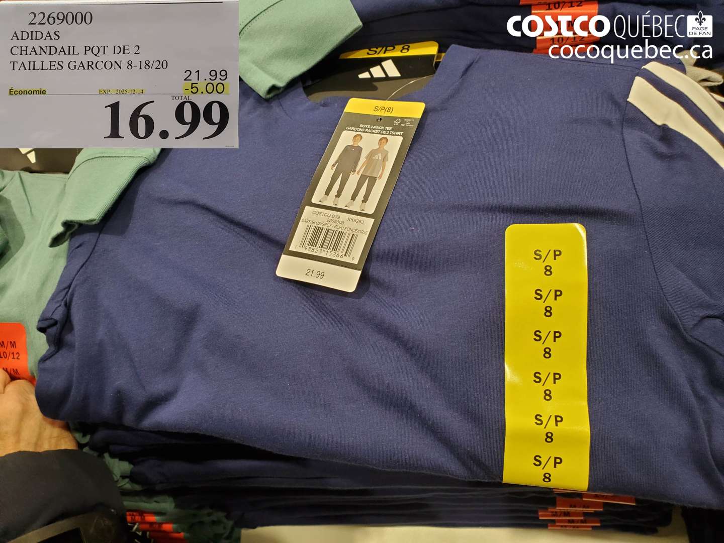 2269000 ADIDAS CHANDAIL P QT DE 2 TAILLES GARCON 8-18/20 ($5.00 INSTANT SAVINGS EXPIRES ON 2025-12-14) $16.99