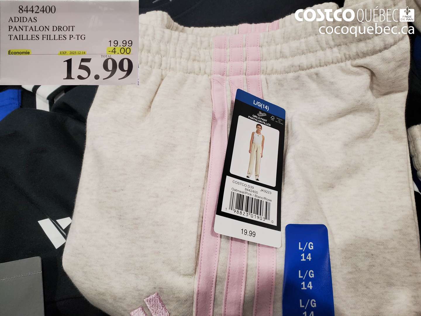 8442400 ADIDAS PANTALON DROIT TAILLES FILLES P-TG ($4.00 INSTANT SAVINGS EXPIRES ON 2025-12-14) $15.99