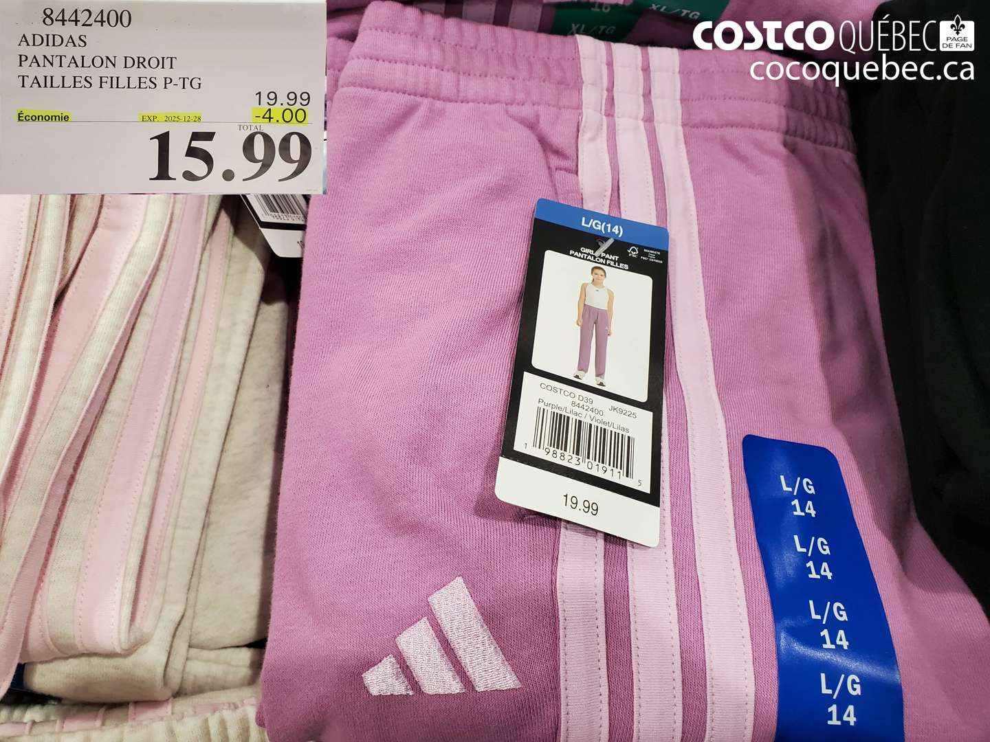8442400 ADIDAS PANTALON DROIT TAILLES FILLES P-TG ($4.00 INSTANT SAVINGS EXPIRES ON 2025-12-28) $15.99