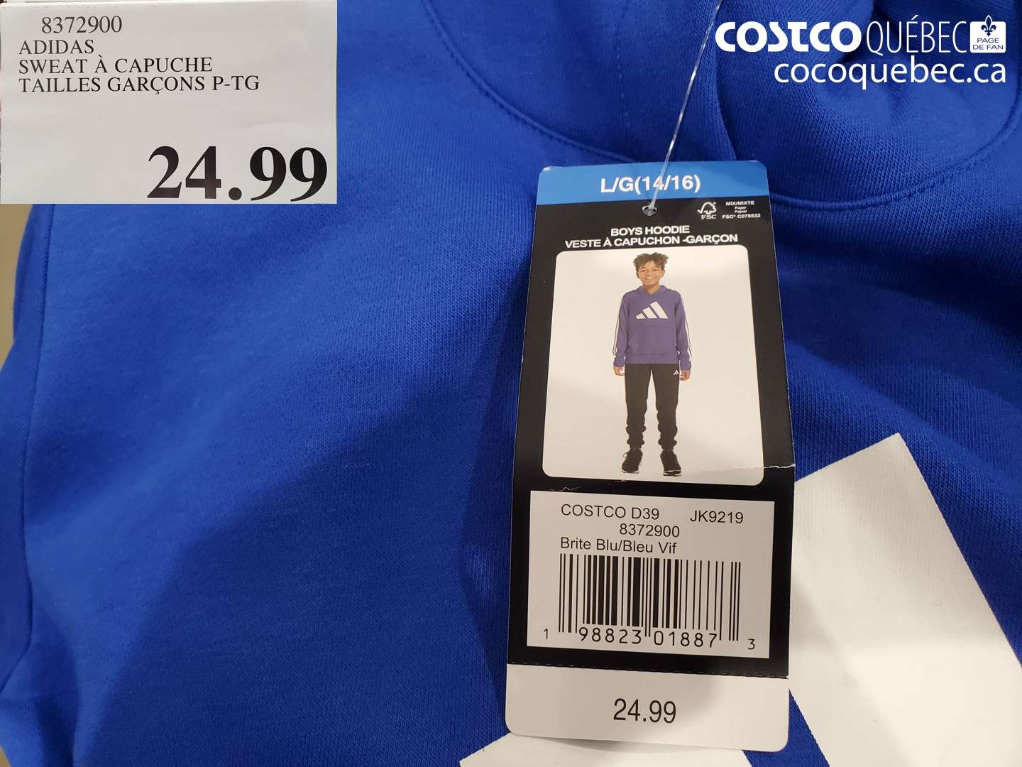 8372900 ADIDAS SWEAT À CAPUCHE TAILLES GARÇONS P-TG $24.99